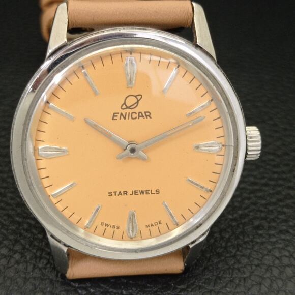 Vintage 1990 Enicar Automatic Mens Silver Watch & Orange accents - Picture 4 of 9